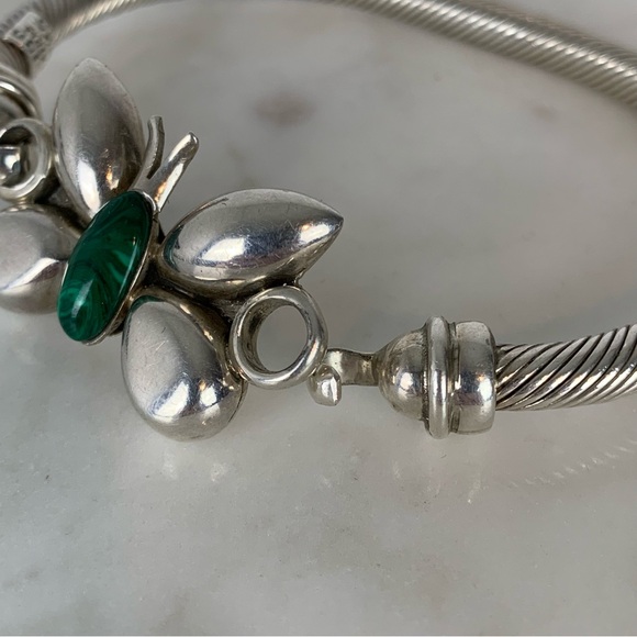 Sterling Silver Cable Bracelet Malachite Stone Butterfly Taxco Mexico 925 Vtg - Picture 7 of 13